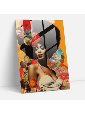 Popcas Afro Kolaj Temalı Vintage Plak Kapakları Cam Tablo