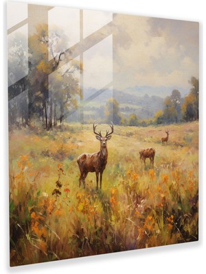 Popcas Modern Sanat Temalı Sakin Otlayan Geyikler Temperli Cam Tablo