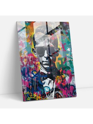 Popcas Klasik Temalı Modern Sanat Cam Tablo - Viktoriyan Portre ve Graffiti Arka Planı