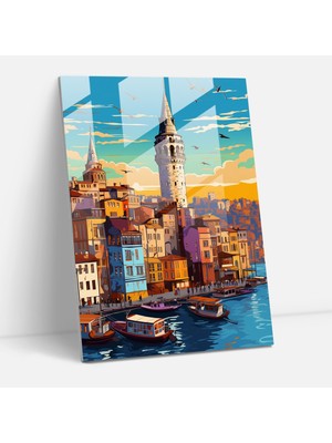 Popcas Modern Sanat Temalı Galata Kulesi Cam Tablo