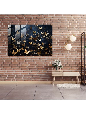 Popcas Gece Gökyüzü Temalı Gerçekçi Kelebekler Dekoratif Cam Tablo
