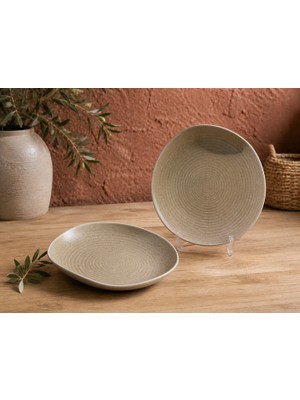 Bonna 21 cm Çukur Tabak 2’li Set – Modern Şık Bej Sunum Tabağı, Salata Makarna Servis Kasesi, Organik Doku
