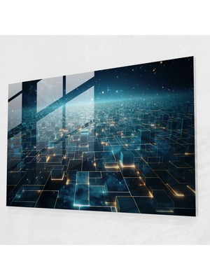 Popcas Blockchain Teknolojisi Temalı Modern Sanat Görselli Temperli Cam Tablo
