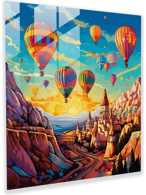 Popcas Kapadokya Sıcak Hava Balonları Temalı Cam Duvar Tablosu - Canlı Pop Art Tarzında Dekorasyon