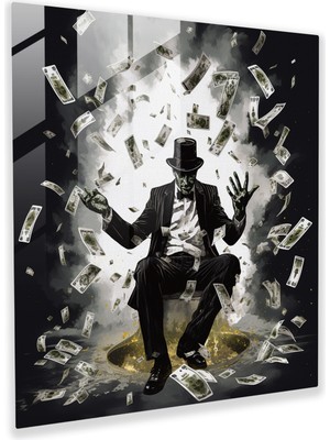 Popcas Uçan Dolar ve Oyun Kartları Temalı Sürreal Gangster Silueti Temperli Cam Tablo