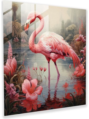 Popcas Flamingo Figürü ile Gölet Manzarası Dekoratif Cam Tablo