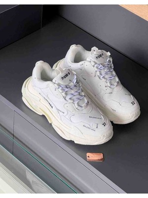 Balenciaga Triple S Unisex Beyaz Logolu Sneakers Ayakkabı