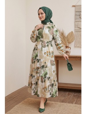 İlkimay.com Hazan Desenli Modal Elbise 1712 - Yeşil