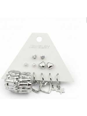 Stainless Steel Gümüş Renk 12 Adet (6 Çift) Küpe Set 10