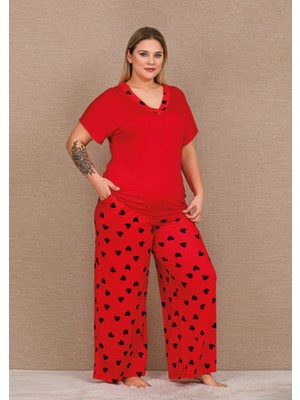 Lady Kırmızı Renk, Kalp Desenli 11055 Kısa Kol Kadın Büyük Beden Anne Pijama Takımı