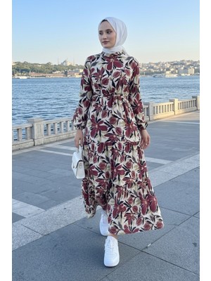 İlkimay.com Çiçek Desenli Modal Elbise 1713 - Gül Kurusu