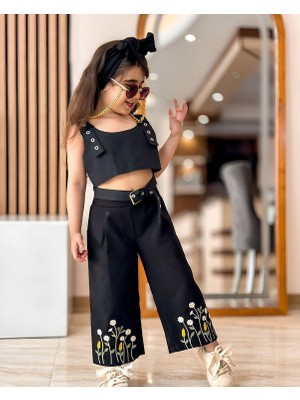 Sy Store Kız Çocuk Nakış Detaylı Crop Top ve Geniş Paça Pantolon Takımı