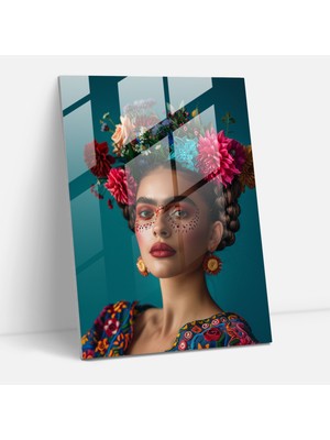 Popcas Meksika Esintili Portre Temperli Cam Tablo - Frida Kahlo Eserleriyle Dekorasyon Için Cam Tablo
