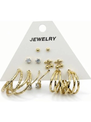Stainless Steel Gold Renk 12 Adet (6 Çift) Küpe Set 14