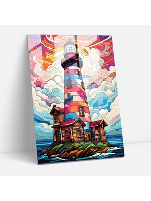 Popcas Modern Sanat Deniz Feneri Renkli Geometrik Desenler Cam Tablo