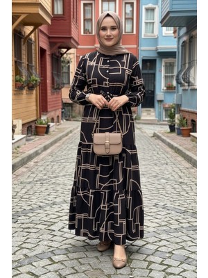 İlkimay.com Çizgi Desen Modal Elbise 1711 - Siyah