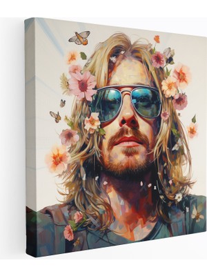 Popcas Kurt Cobain Temalı Çiçekler ile Cam Duvar Tablosu