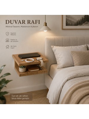 Aladağ Home Minimalist Duvar Tipi Ceviz Yatak Yanı Raf – 2 Katlı Telefon ve Saat Rafı 30X25 cm