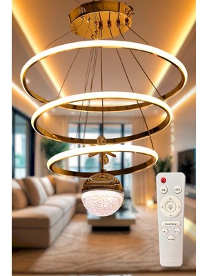 Modern Gold Toplu 3'lü Halka 3 Renk Kumandalı (Beyaz&sarı&günışığı) LED Avize