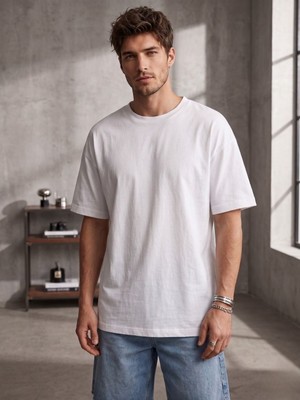 Trendseninle Erkek Beyaz %100 Organik Pamuk Dokulu Comfort Fit Bisiklet Yakalı T-Shirt