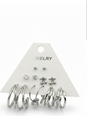Stainless Steel Gümüş Renk 12 Adet (6 Çift) Küpe Set 13