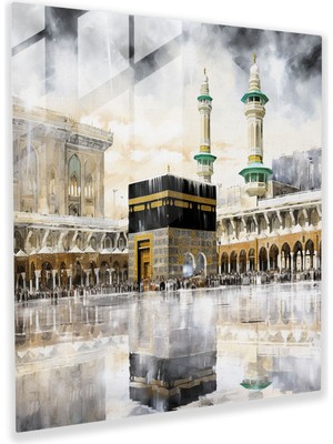 Popcas Islam Yazı Sanatı Temalı Kabe Detaylı Dekoratif Cam Tablo