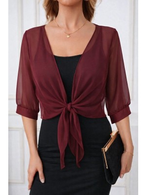 Nidam Butik Kadın Fakir Kollu Önden Bağlamalı Kısa Şifon Bolero Ceket