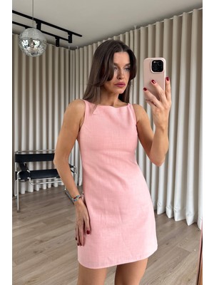 Sue Store Somon Kare Yaka Askılı Astarlı Premium Keten Dokulu Elbise