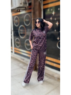 My Lunessa Leopar Desenli Kahverengi Çizgili Spor Günlük Eşofman Takımı