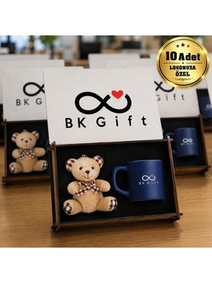 BK Gift Logonuza Özel 10 Adet Kutulu Lacivert Renk Fincan ve Ayıcık Anahtarlık Seti – Ahşap Kutulu Kurumsal Hediye Seti