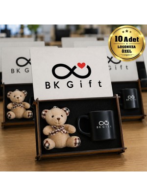 BK Gift Logonuza Özel 10 Adet Kutulu Siyah Renk Fincan ve Ayıcık Anahtarlık Seti – Ahşap Kutulu Kurumsal Hediye Seti