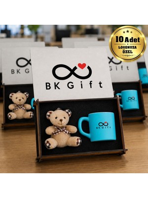 BK Gift Logonuza Özel 10 Adet Kutulu Turkuaz Renk Fincan ve Ayıcık Anahtarlık Seti – Ahşap Kutulu Kurumsal Hediye Seti
