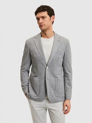 Cacharel Erkek Açık Gri Slim Fit Çizgili Yün Karışımlı Ceket 50284497-VR001