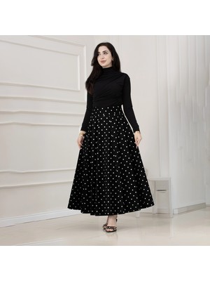 Sevitli Puantiyeli Maxi Etek-SİYAH