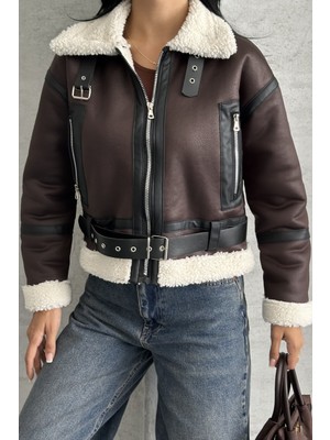 Moda Armanc Kadın Kemerli Içi Kürklü Deri Mont - Biker Deri Ceket