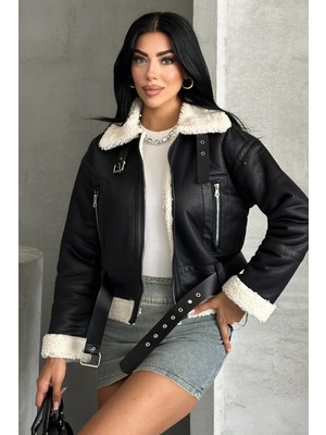 Moda Armanc Kadın Kemerli Içi Kürklü Deri Mont - Biker Deri Ceket