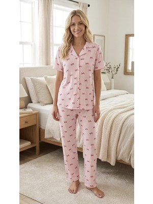 Çağrı Homewear Çağrı 52670 Pembe Çizgili Fiyonklu Boydan Düğmeli Gömlek Pijama Takım