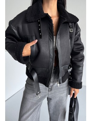 Moda Armanc Kadın Kemerli Içi Kürklü Deri Mont - Biker Deri Ceket
