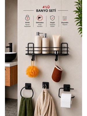 Sas Haus Banyo Düzenleyici Set 4 Parça Yapışkanlı Şampuanlık Tuvalet Kağıtlığı Havluluk Askı Tss-01 Siyah