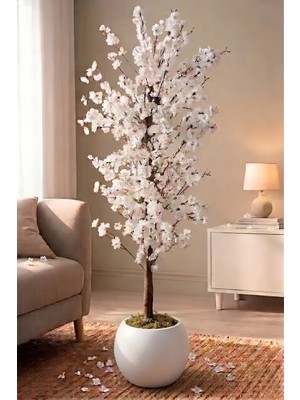 Cihan Çiçekçilik Yapay Beyaz Bahar Dalı Ağacı 160CM- 27X33 cm Küre Saksılı