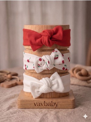 Vavbaby Kız Bebek 3’lü Ribana Fiyonklu Bandana Seti - Kiraz