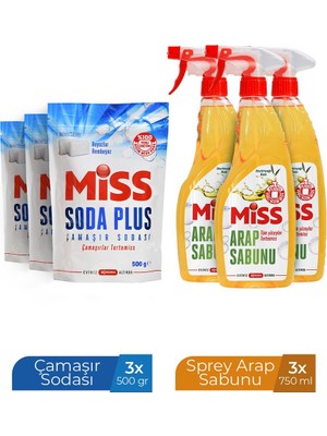 Miss Soda Plus 500 gr x 3 Miss Sprey Arap Sabunu 750 ml x3 Beyazlar ve Renkliler İçin Lavanta Kokusuyla 100 Yıkama Temizlik