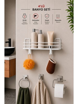 Sas Haus Banyo Düzenleyici Set 4 Parça Yapışkanlı Şampuanlık Tuvalet Kağıtlığı Havluluk Askı Tss-01 Beyaz