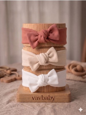 Vavbaby Kız Bebek 3’lü Ribana Fiyonklu Bandana Seti - Düz Kahve