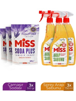 Miss Soda Lavanta 500 gr x 3 ve MİSS Sprey Arap Sabunu 750 ml  x 3 100 Yıkama Gücü ile Ferah Koku