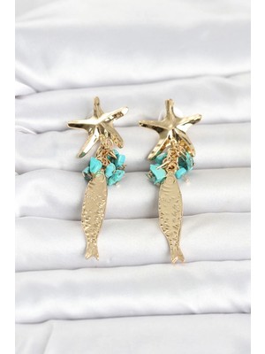 Inure Jewelry Deniz Yıldızı ve Balık Detaylı Mavi Taşlı Gold Renk Kadın Küpe