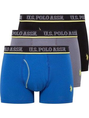 U.S. Polo Assn. 3'lü Polo Baskılı, Erkek Boxer, Pamuklu, Antrasit-Saks-Siyah
