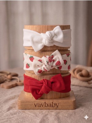 Vavbaby Kız Bebek 3’lü Ribana Fiyonklu Bandana Seti - Çilek