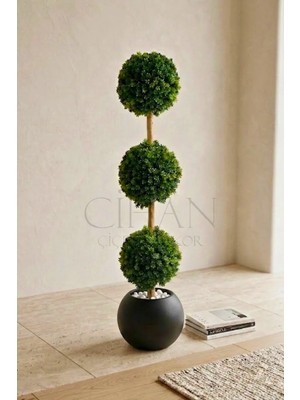 Cihan Çiçekçilik Yapay 3'lü Top Şimşir Ağacı - Siyah Küre Saksılı 130CM