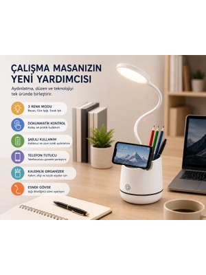 Smayling Şarjlı LED Masa Lambası Dokunmatik 3 Modlu Telefon Tutuculu Kalemlik Organizerli Esnek Gövdeli Çalışma Lambası